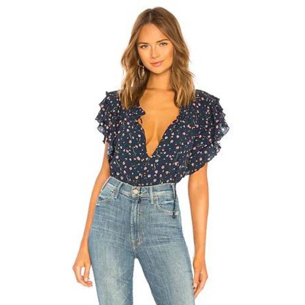 Cleobella Floral Ruffle Sleeve Deep V-Neck Blouse Top Navy Blue Medium